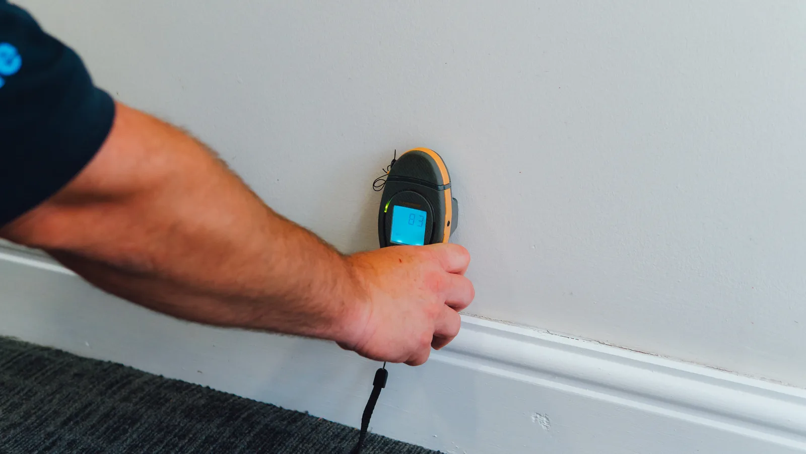 Moisture readings being taken and mapped across a wall during a leak investigation